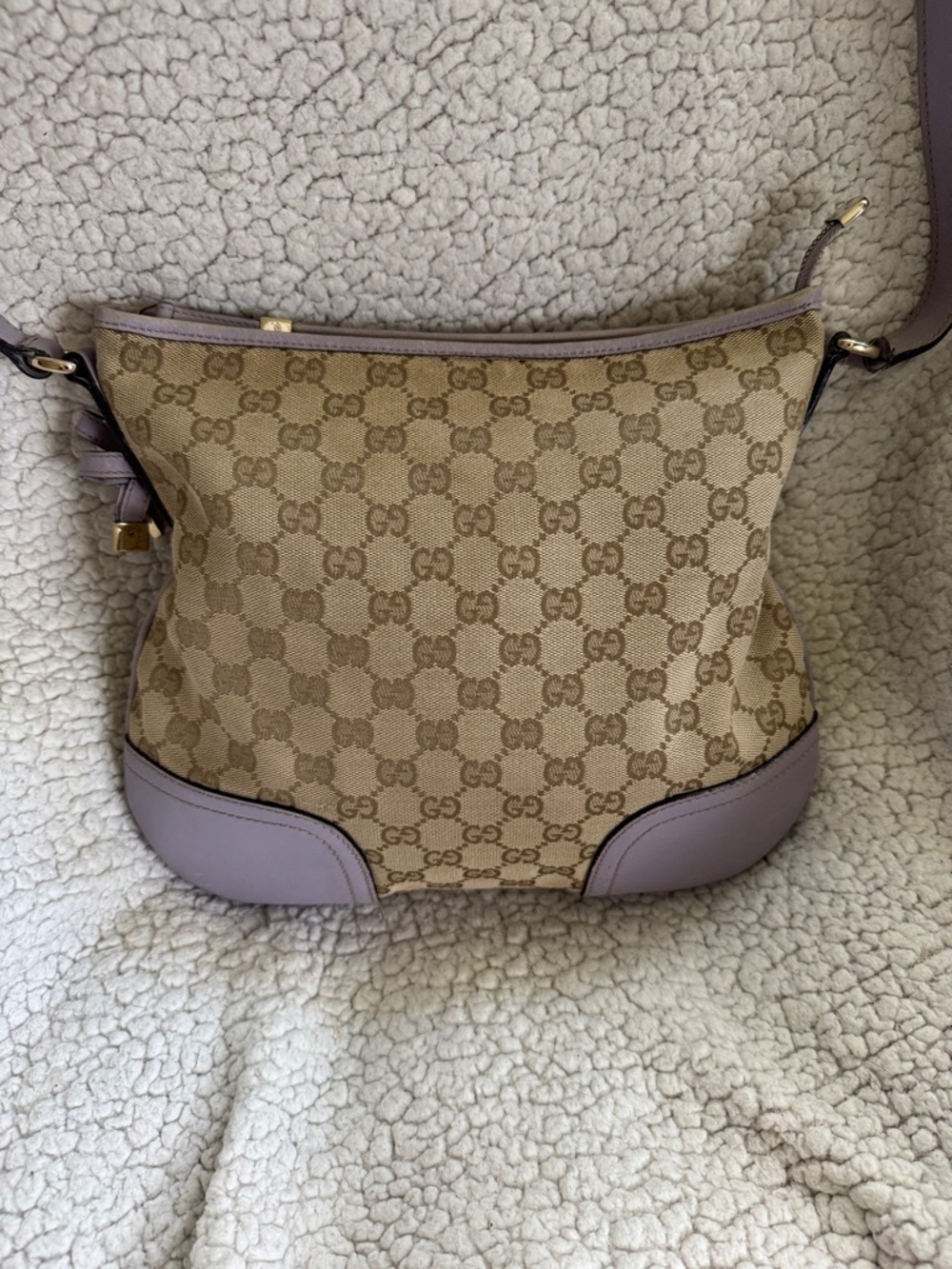 Gucci Beige GG Canvas Shoulder Bag with Lavender Trim